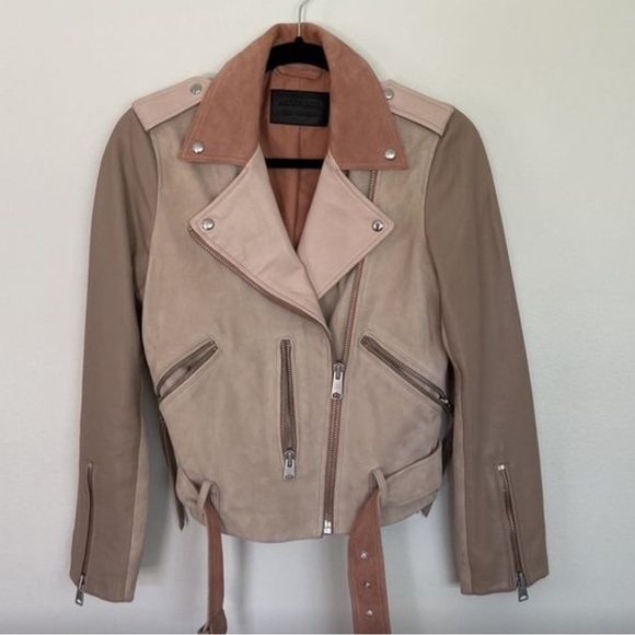 All Saints Pink Balfern Suede & Leather Biker Jacket - Size 4 - Picture 6 of 14
